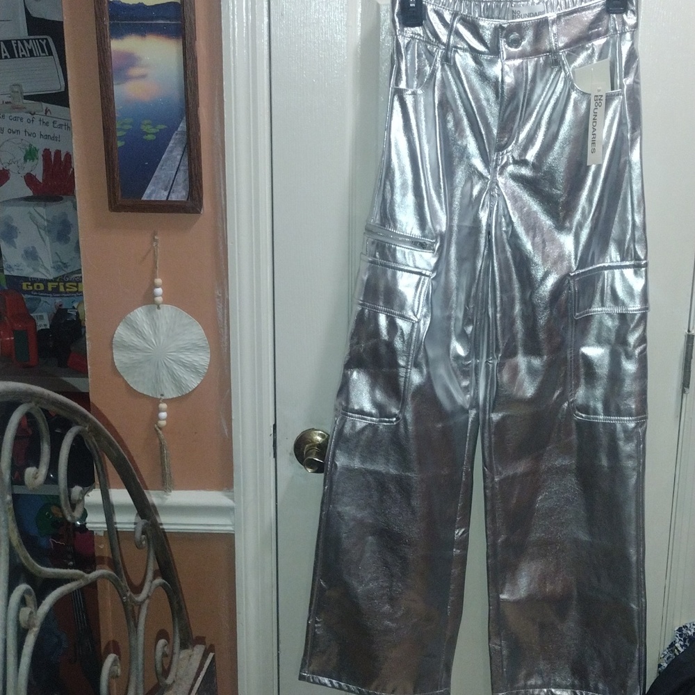 No Boundaries Shiny Silver Metallic Wide Leg Cargo Pants